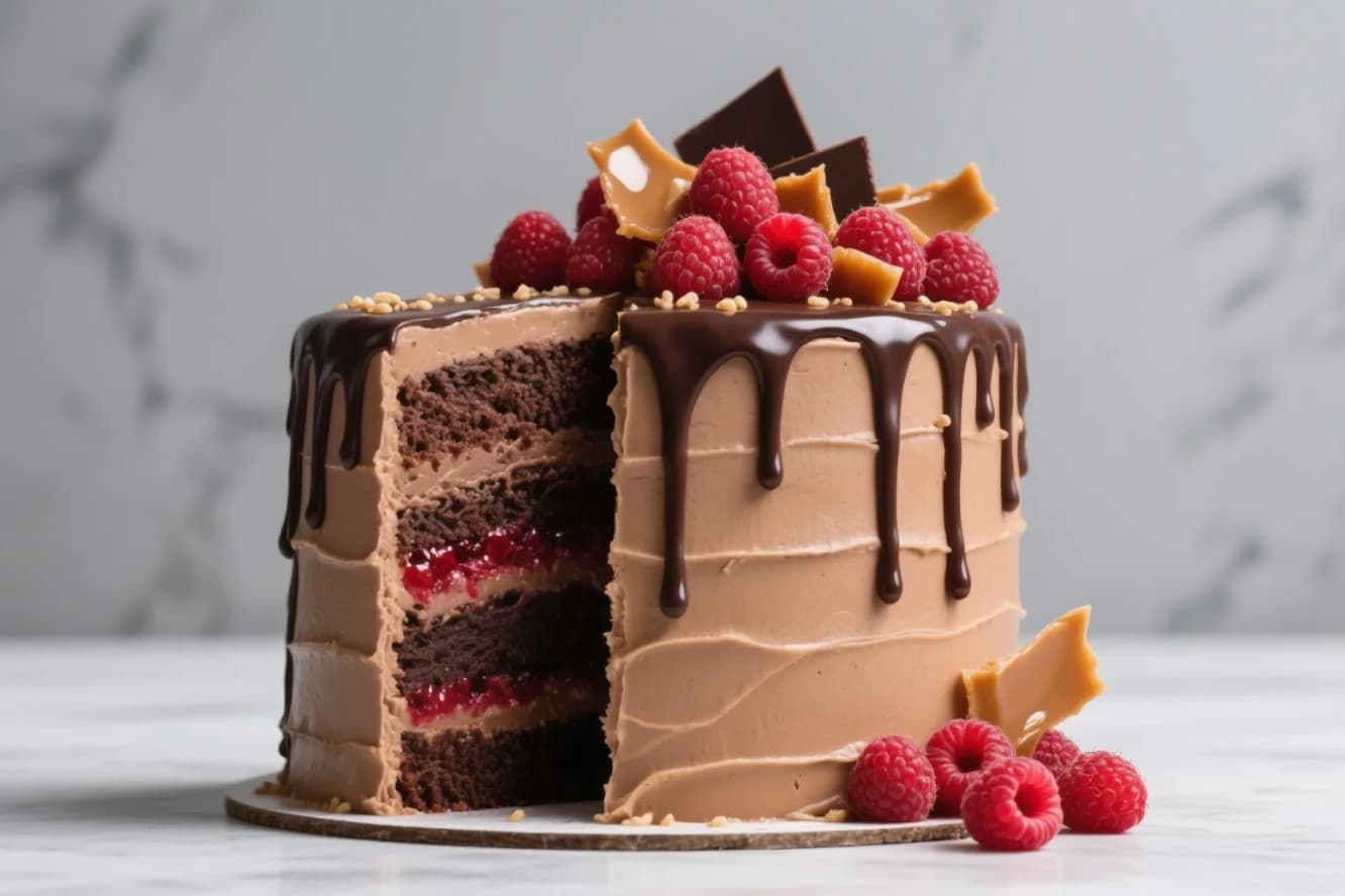 Lyxig Chokladtårta med Hallonkompott och Salted Caramel